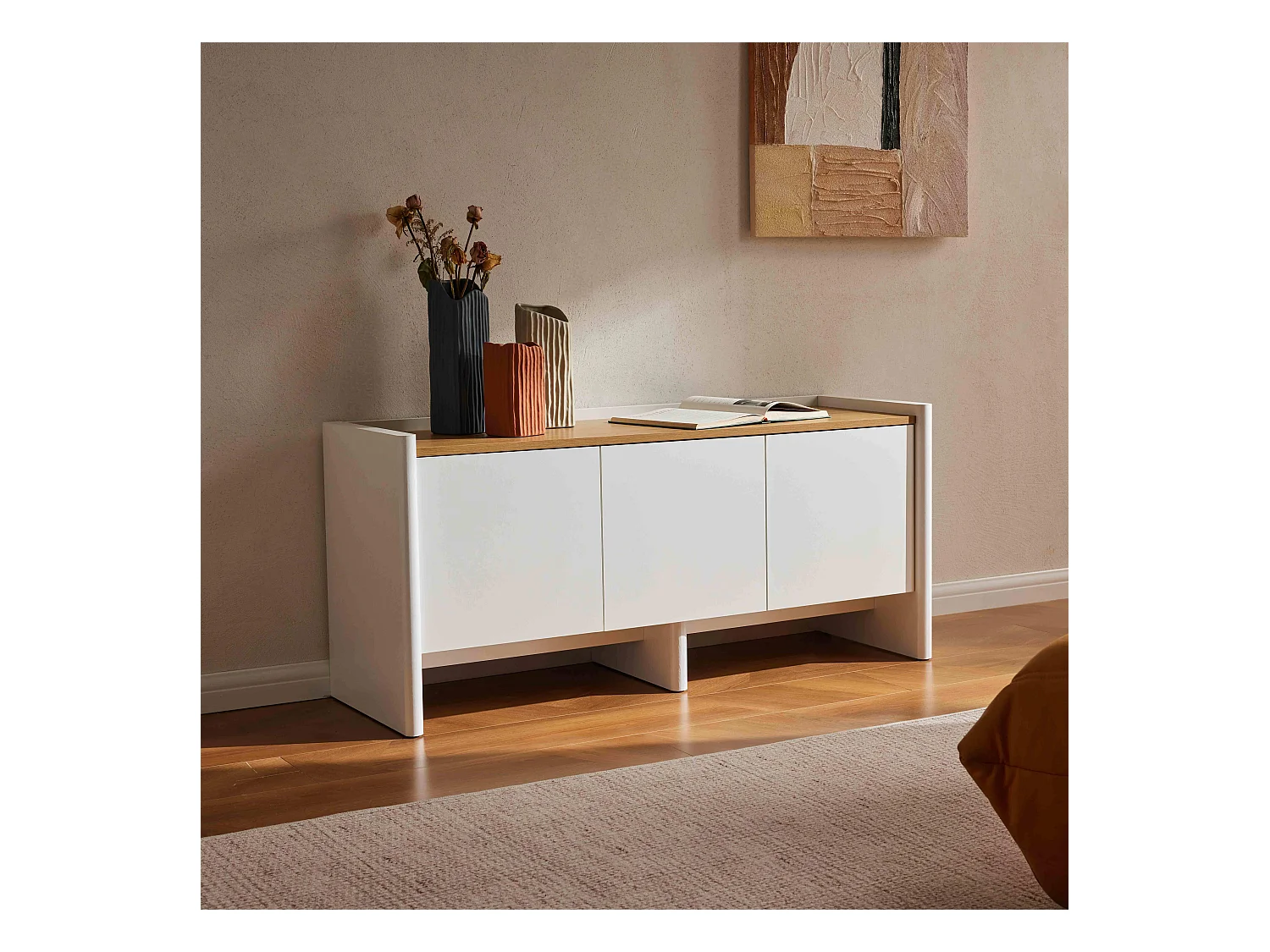 Meuble TV uni rétro rectangulaire L120 cm blanc