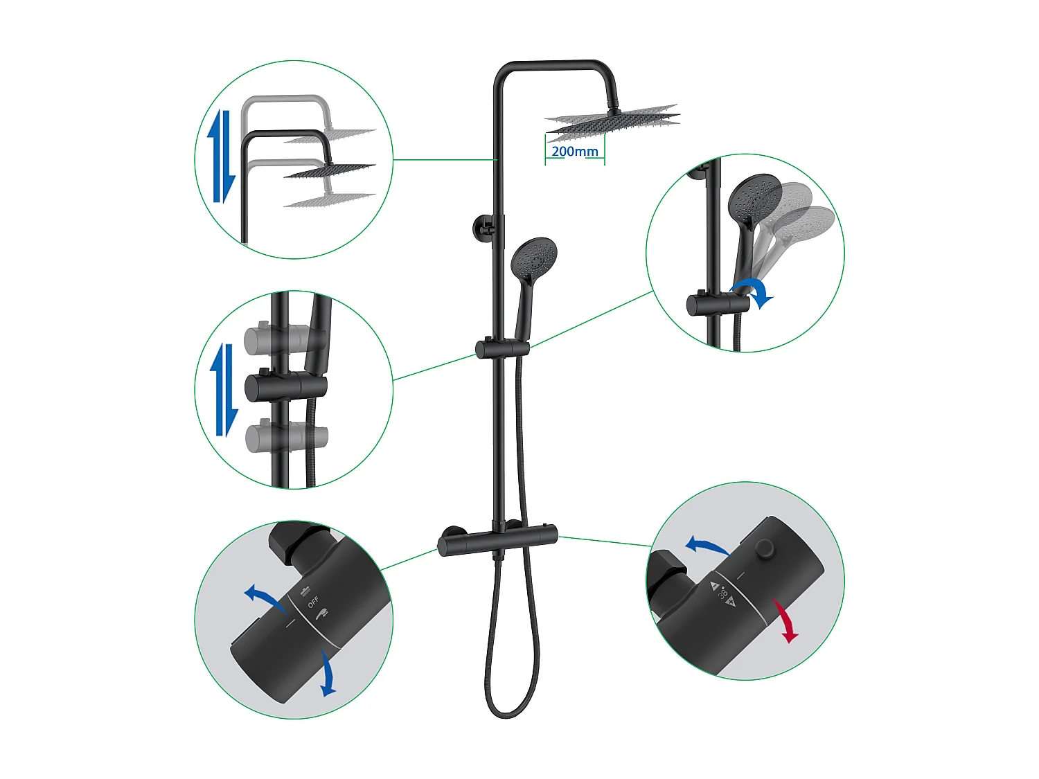 Colonna doccia con miscelatore, kit completo di doccia a pioggia, soffione doccia 20 x20 cm e doccetta 3 getti, asta doccia, nero
