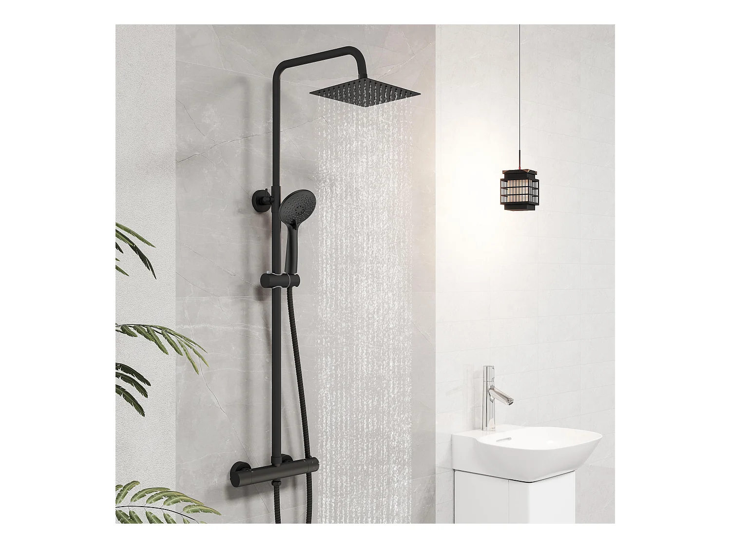 Colonna doccia con miscelatore, kit completo di doccia a pioggia, soffione doccia 20 x20 cm e doccetta 3 getti, asta doccia, nero