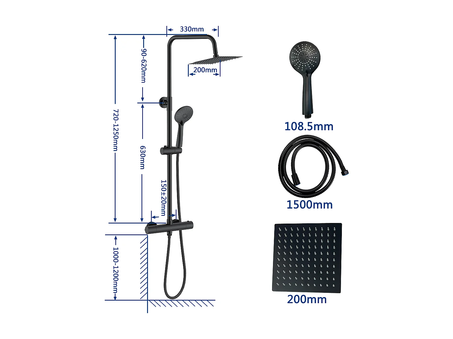 Colonna doccia con miscelatore, kit completo di doccia a pioggia, soffione doccia 20 x20 cm e doccetta 3 getti, asta doccia, nero