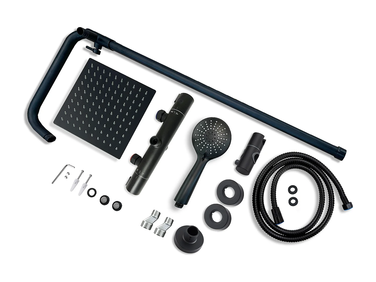 Colonna doccia con miscelatore, kit completo di doccia a pioggia, soffione doccia 20 x20 cm e doccetta 3 getti, asta doccia, nero