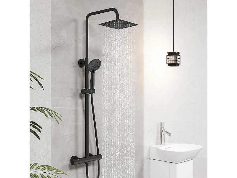 Colonna doccia con miscelatore, kit completo di doccia a pioggia, soffione doccia 20 x20 cm e doccetta 3 getti, asta doccia, nero