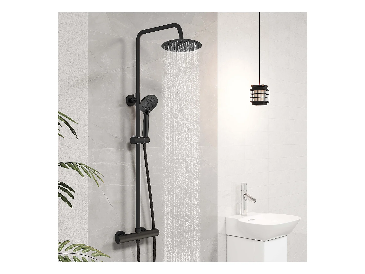 Colonna doccia termostatico finitura nera matte, cartuccia in ottone, materiale inox AISI 304, rubinetteria bagno moderna