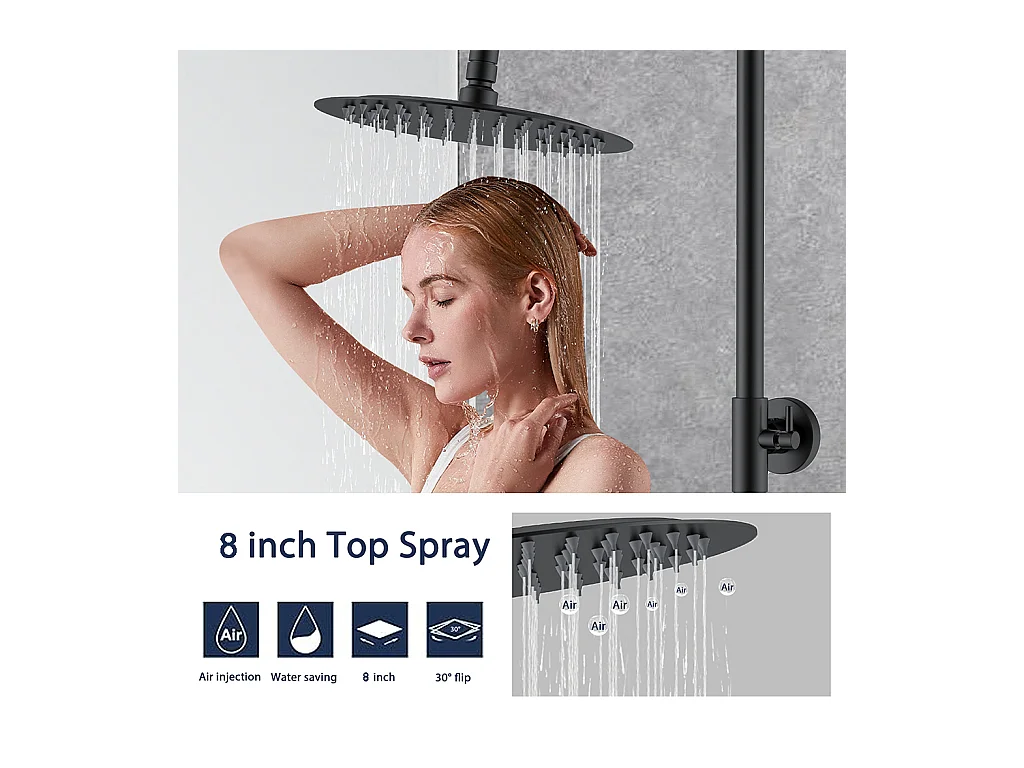 Colonna doccia termostatico finitura nera matte, cartuccia in ottone, materiale inox AISI 304, rubinetteria bagno moderna