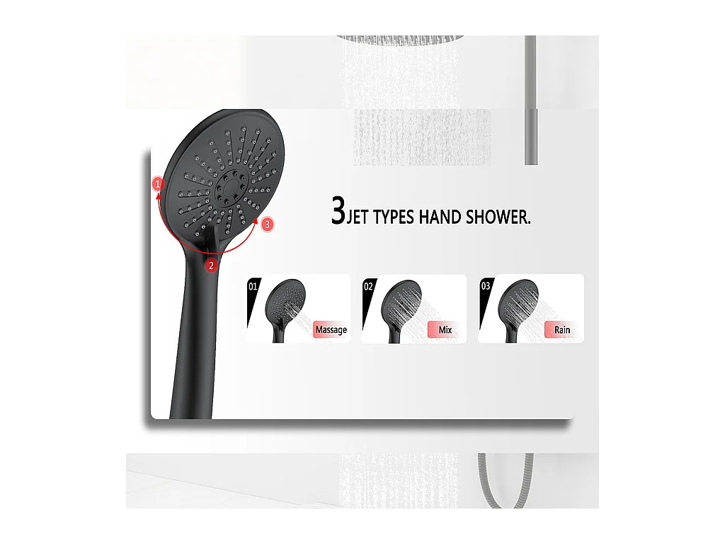 Colonna doccia termostatico finitura nera matte, cartuccia in ottone, materiale inox AISI 304, rubinetteria bagno moderna