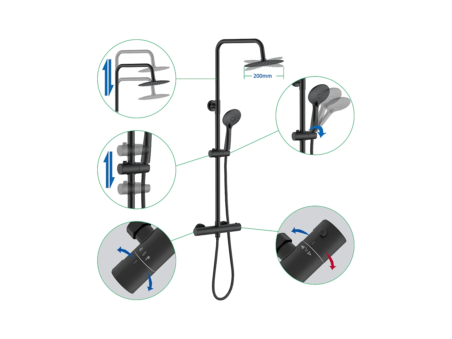 Colonna doccia termostatico finitura nera matte, cartuccia in ottone, materiale inox AISI 304, rubinetteria bagno moderna