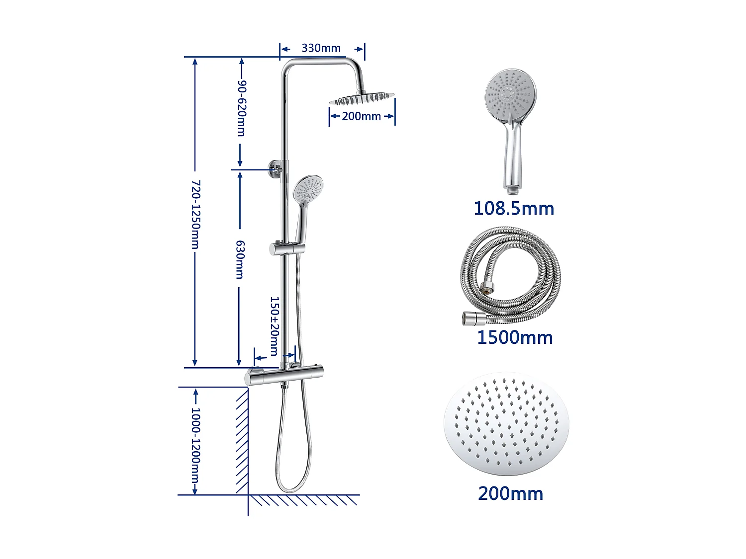 Colonna doccia termostatico finitura cromata, cartuccia in ottone, materiale inox AISI 304, rubinetteria bagno moderna