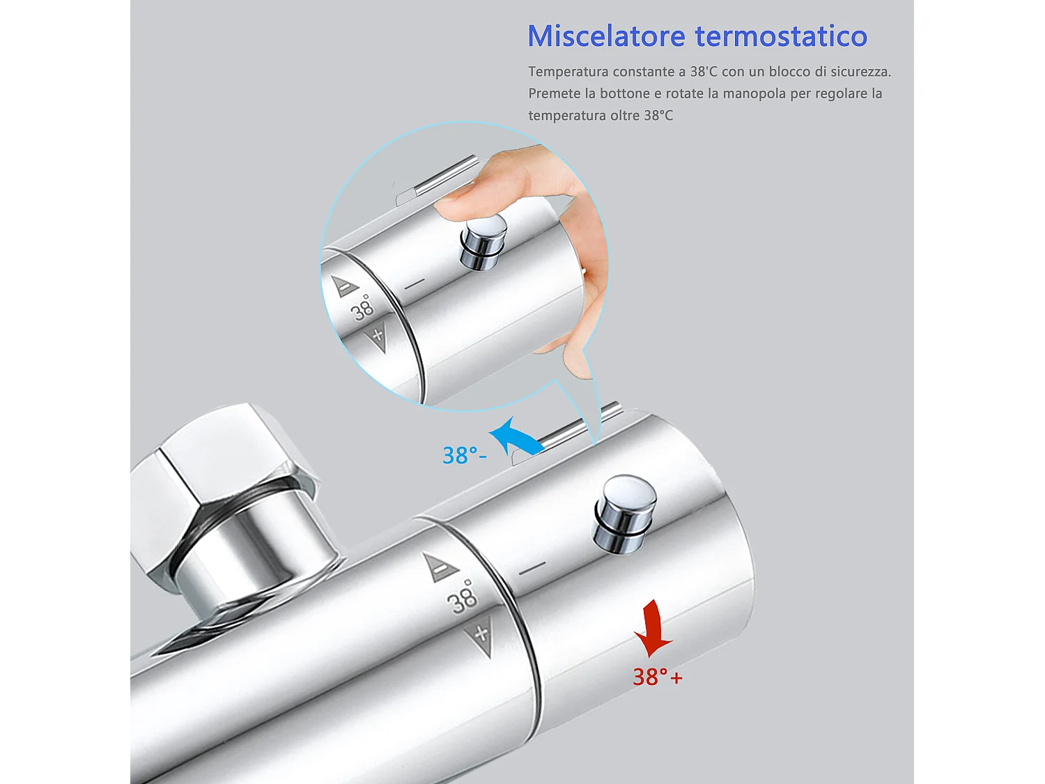 Colonna doccia termostatico finitura cromata, cartuccia in ottone, materiale inox AISI 304, rubinetteria bagno moderna