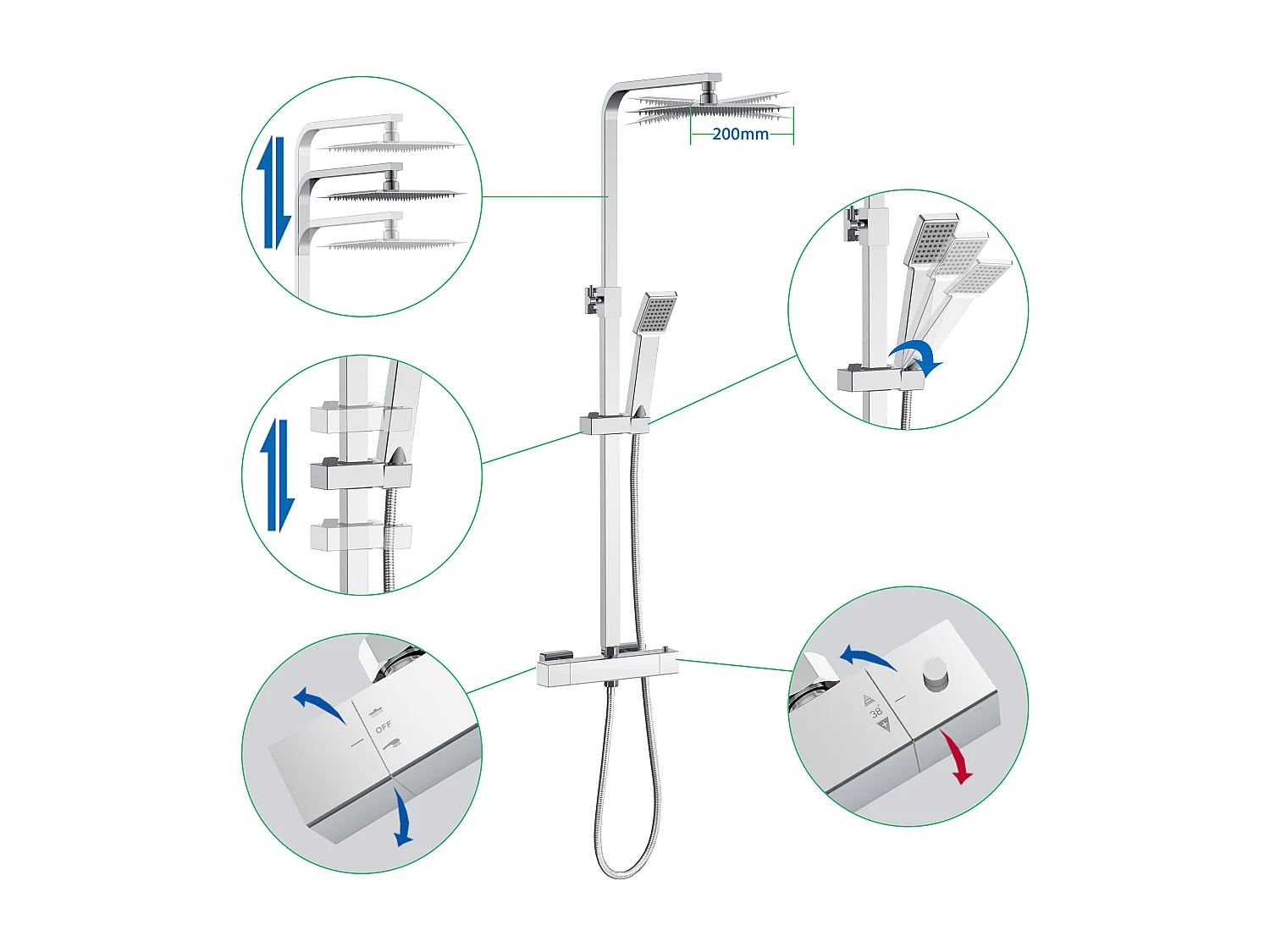 Miscelatore doccia termostatico con manopola in lega di zinco,colonna doccia soffione acciaio inox, cromato
