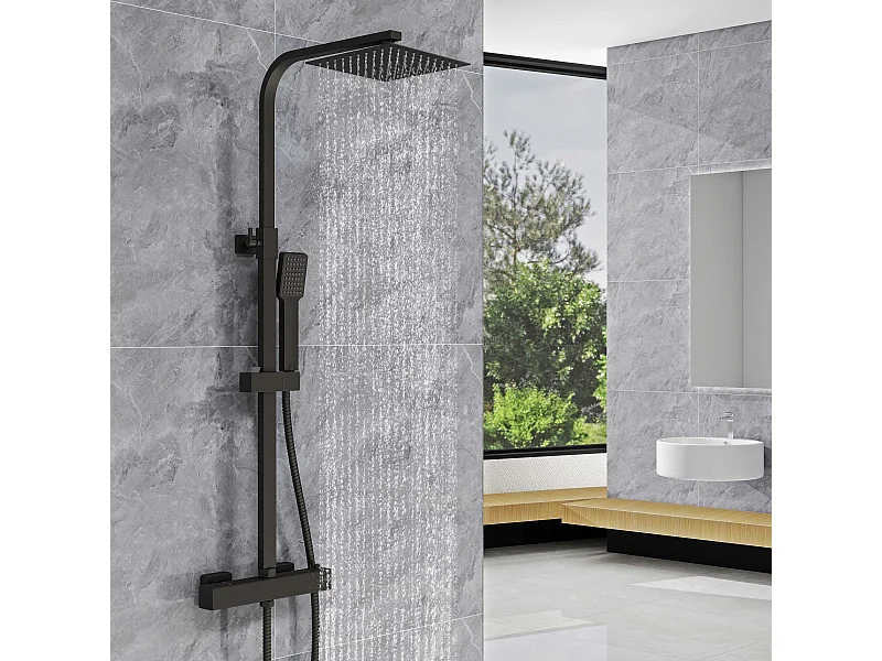 Colonna doccia termostatica, Aica ITALY soffione doccia 20*20CM, regolabile in altezza 75-115cm, set doccia con miscelatore, nero