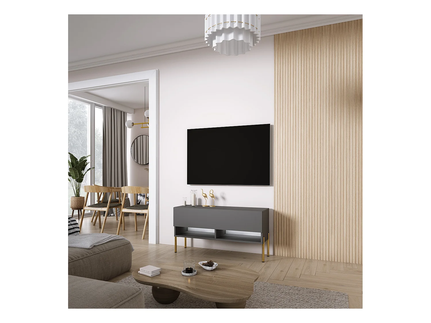 Meuble TV 100 cm Anthracite, pieds droits dorés, LED blanche, 100 x 32 x 52 cm