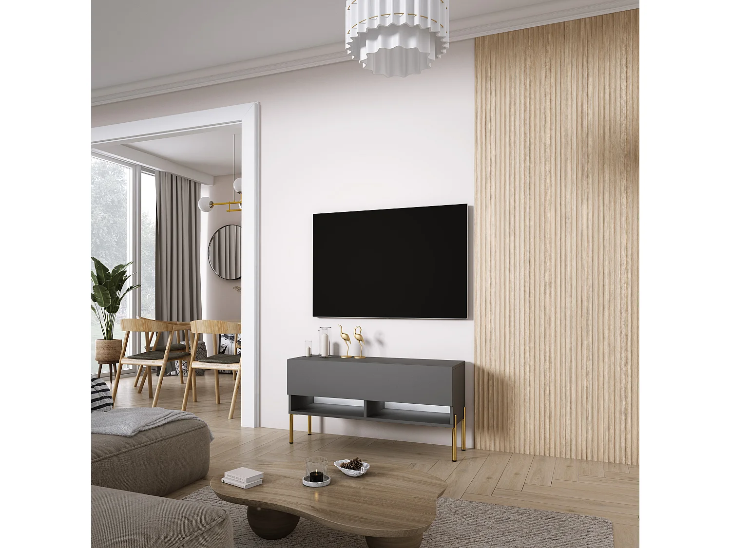 Meuble TV 100 cm Anthracite, pieds droits dorés, LED blanche, 100 x 32 x 52 cm