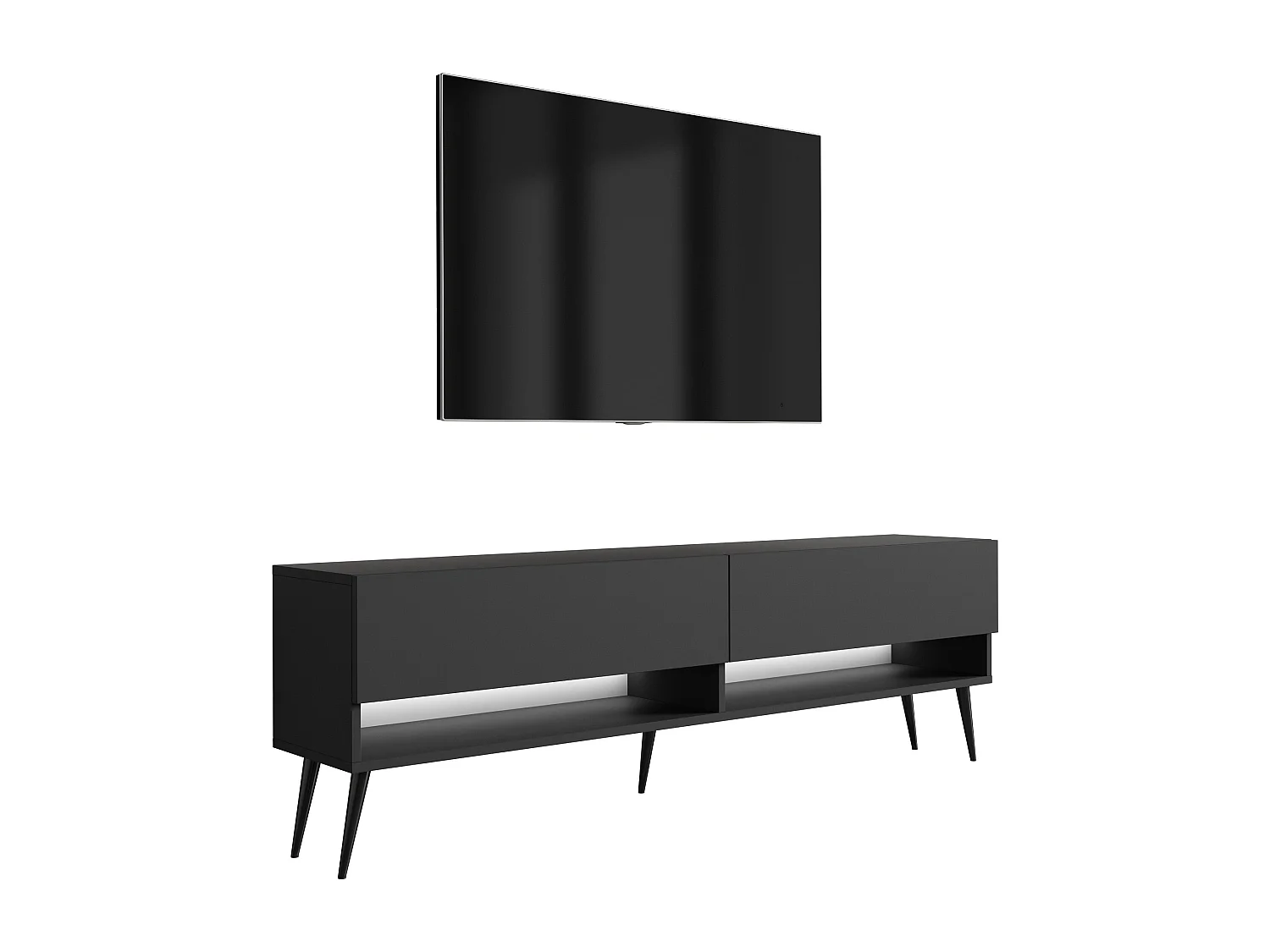 Meuble TV 170 cm Noir Mat, pieds obliques noirs, LED blanche, 170 x 32 x 52 cm