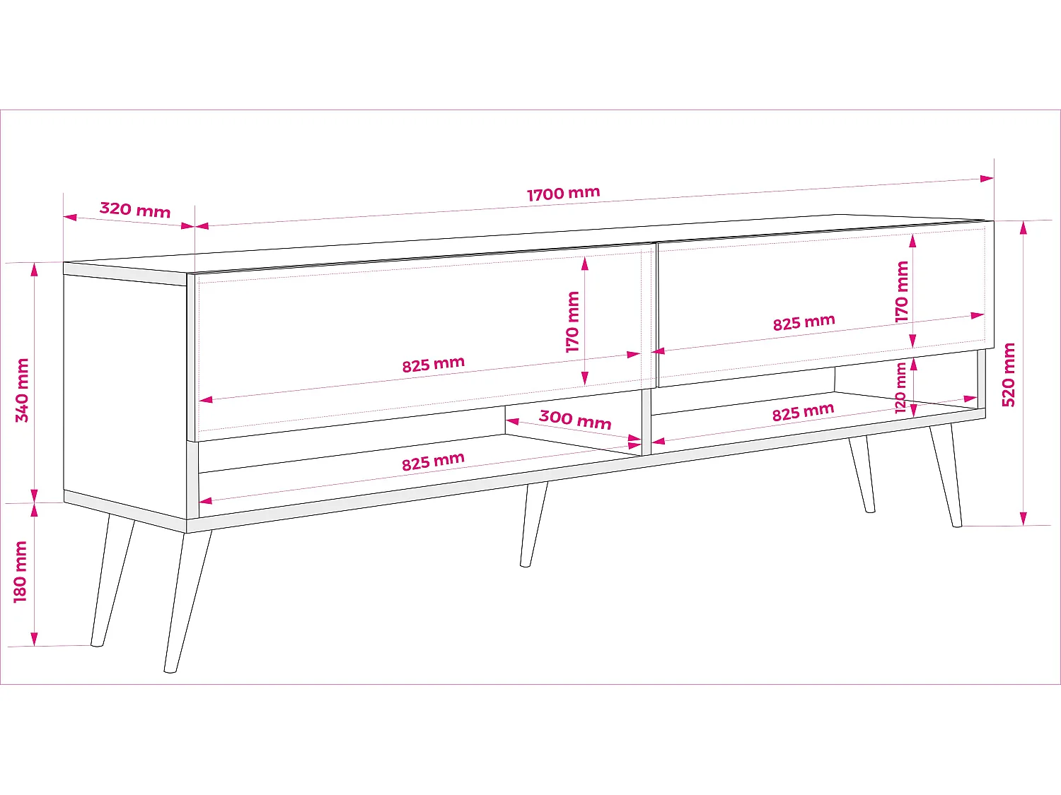 Meuble TV 170 cm Noir Mat, pieds obliques noirs, LED blanche, 170 x 32 x 52 cm
