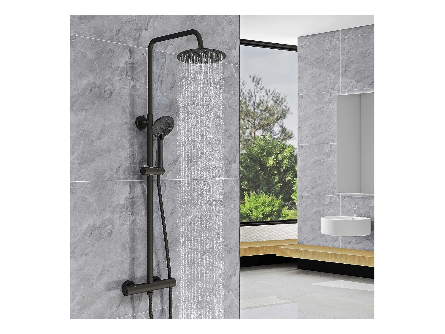 AICA Colonna doccia a ponte con soffione circolare 20x20cm, sistema doccia con miscelatore, nero opaco