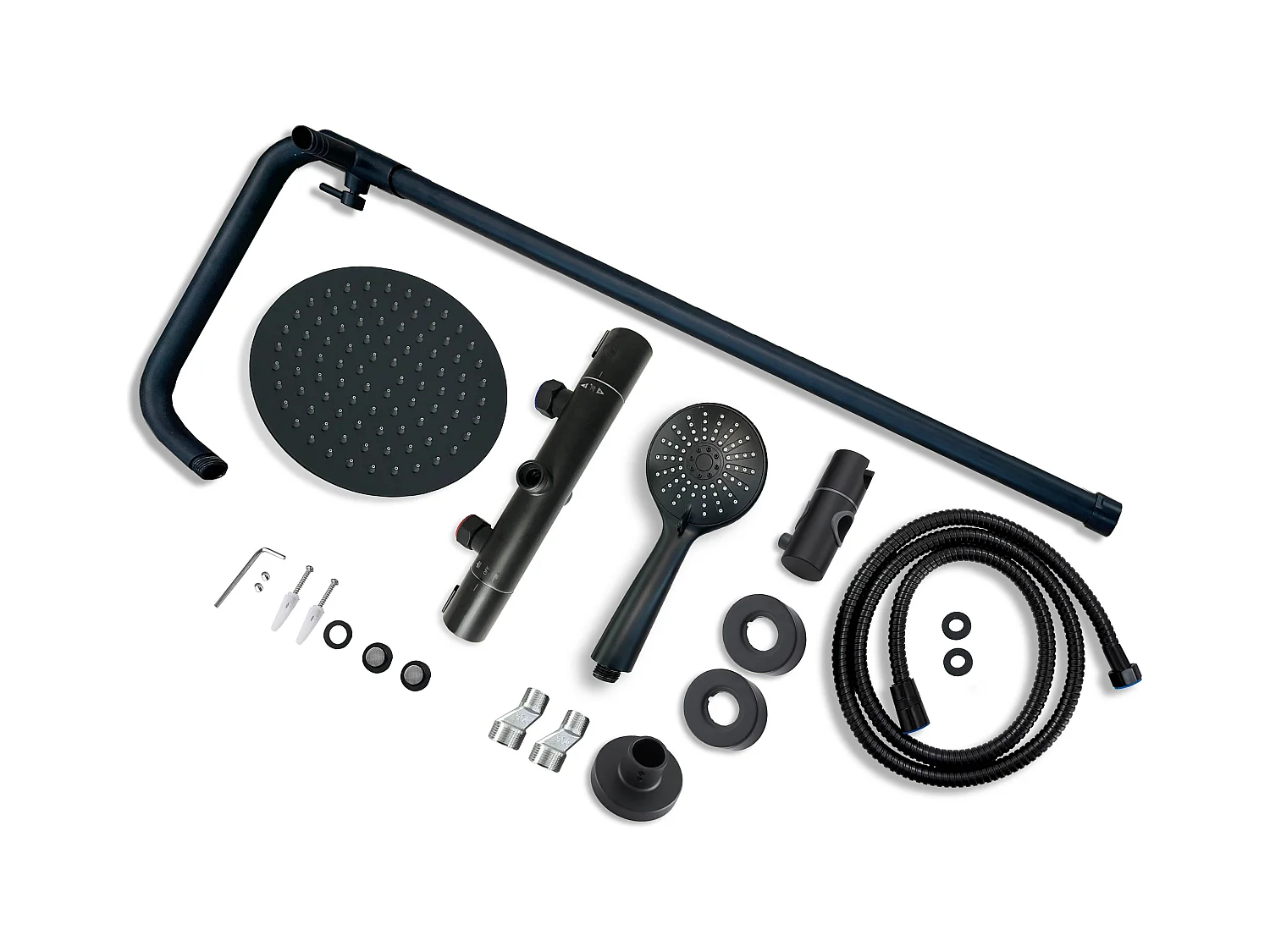 AICA Colonna doccia a ponte con soffione circolare 20x20cm, sistema doccia con miscelatore, nero opaco