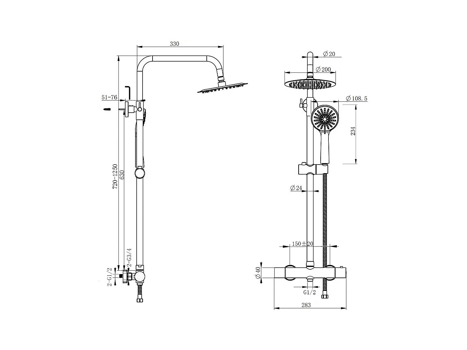 AICA Colonna doccia a ponte con soffione circolare 20x20cm, sistema doccia con miscelatore, nero opaco