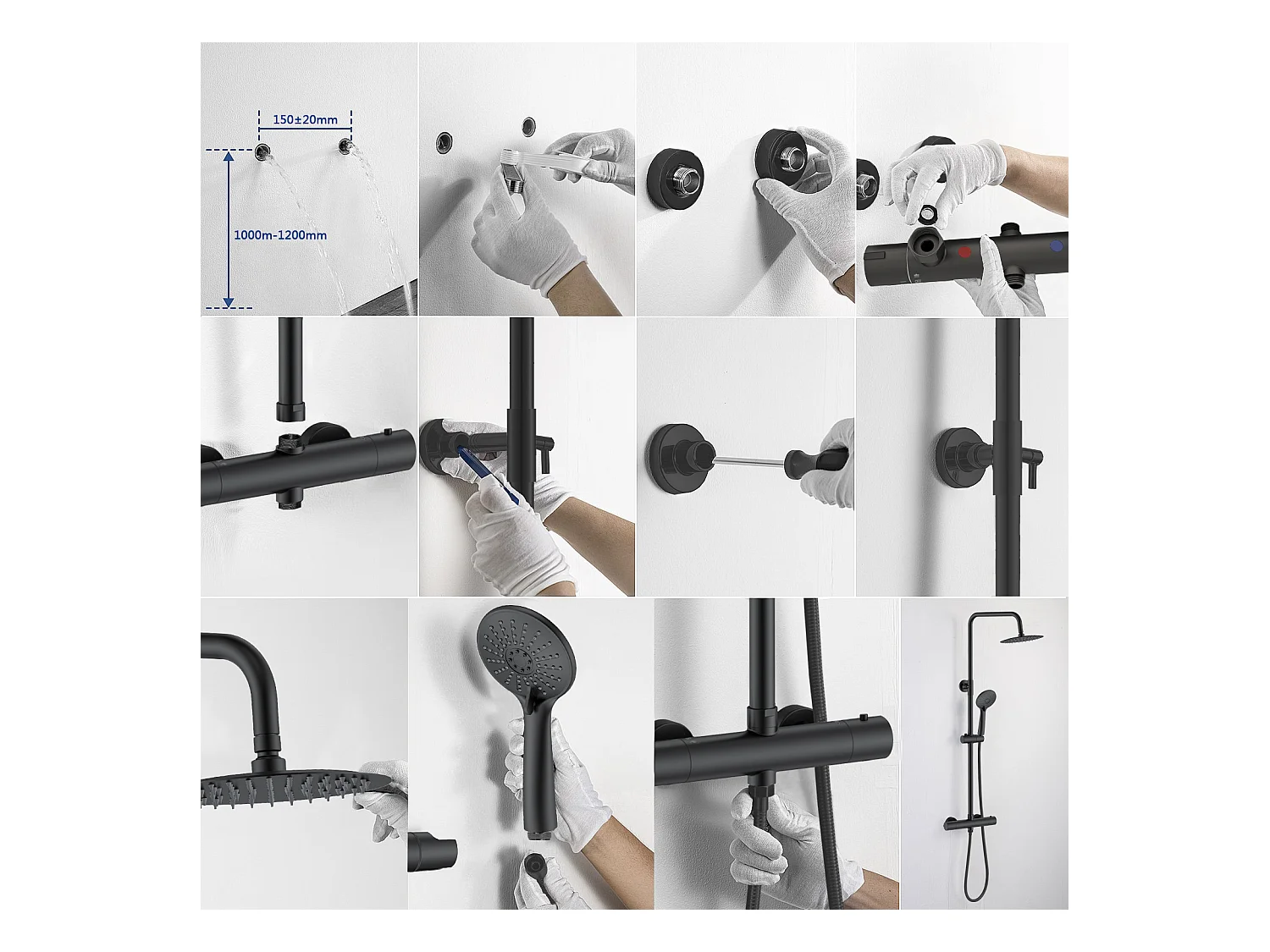 AICA Colonna doccia a ponte con soffione circolare 20x20cm, sistema doccia con miscelatore, nero opaco