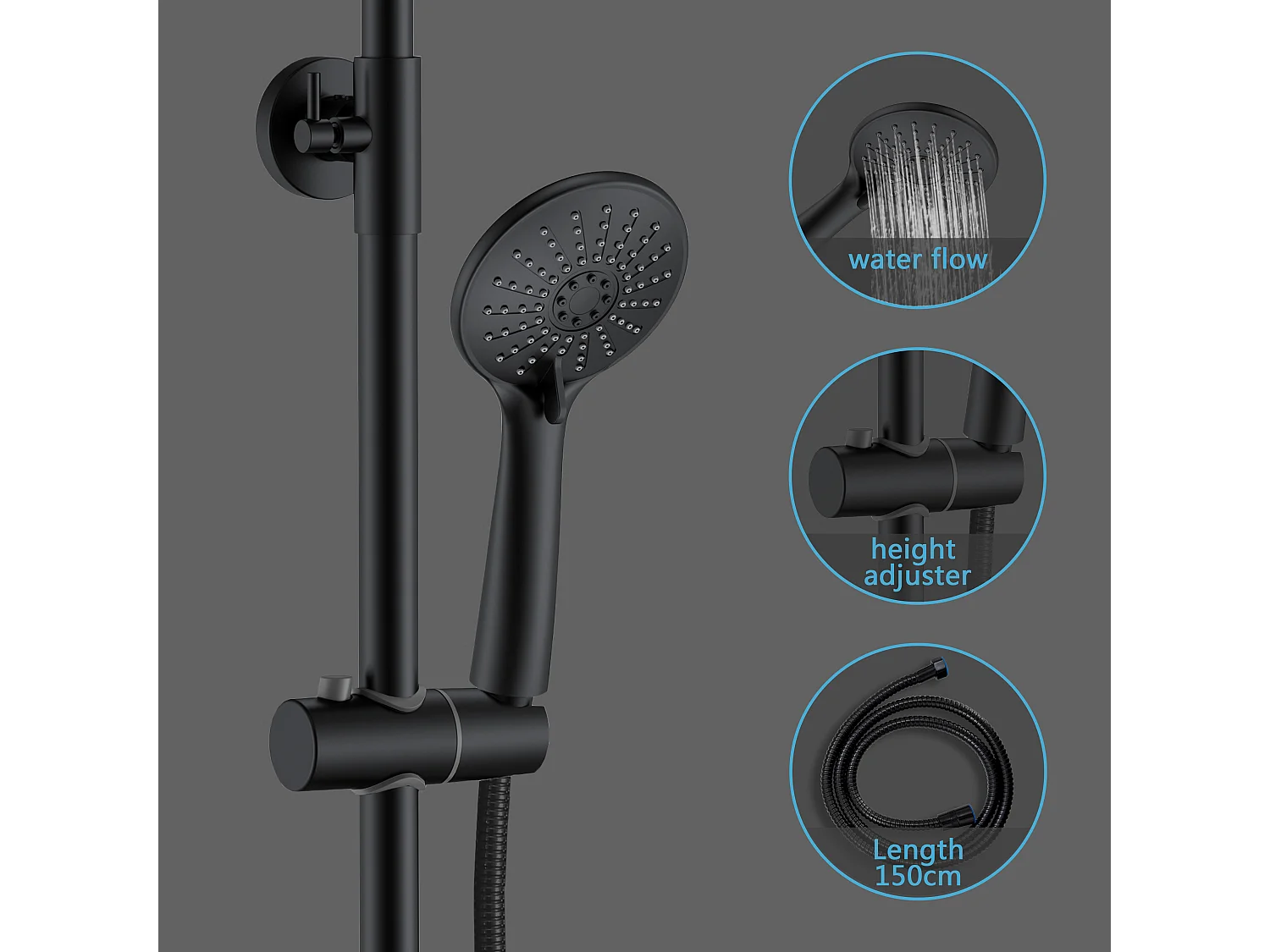 AICA Colonna doccia a ponte con soffione circolare 20x20cm, sistema doccia con miscelatore, nero opaco