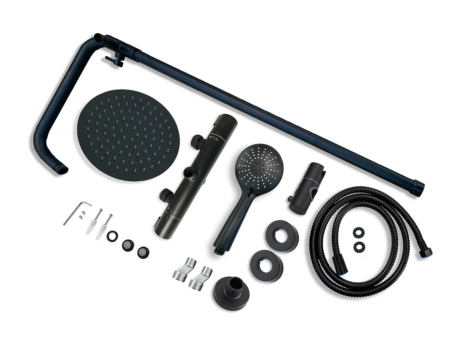 AICA Colonna doccia a ponte con soffione circolare 20x20cm, sistema doccia con miscelatore, nero opaco