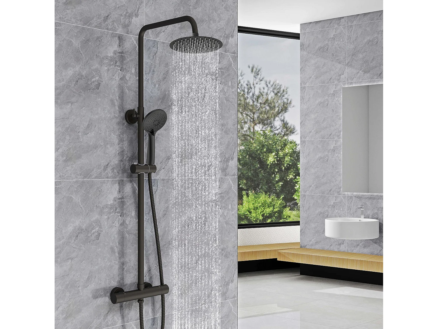 AICA Colonna doccia a ponte con soffione circolare 20x20cm, sistema doccia con miscelatore, nero opaco