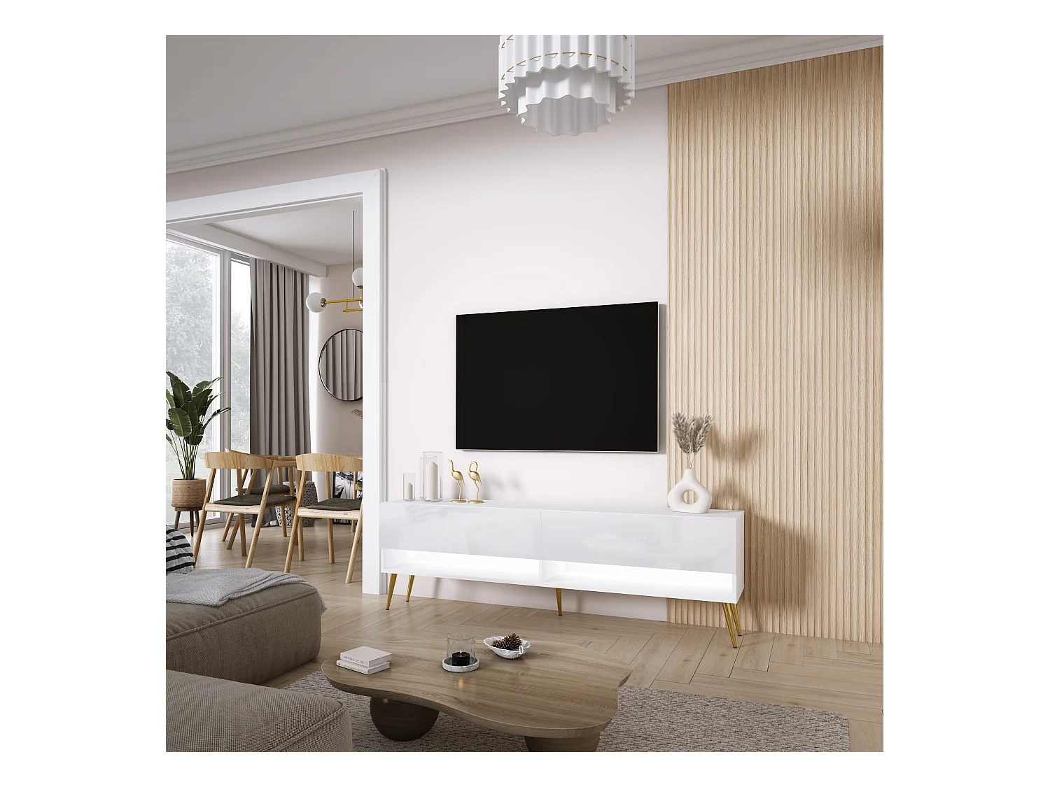 Meuble TV 170 cm Blanc Mat / Blanc Brillant, pieds obliques dorés, LED blanche, 170 x 32 x 52 cm