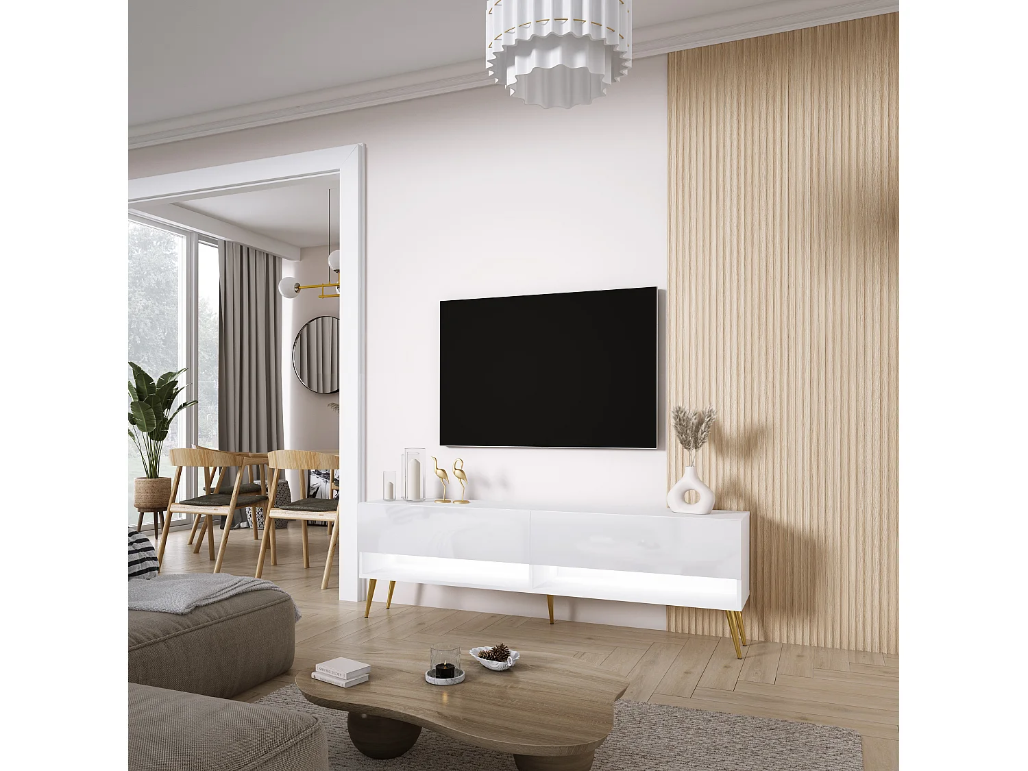TV-Lowboard 170 cm Mattweiß / Hochglanzweiß, goldene schräge Beine, weiße LED, 170 × 32 × 52 cm