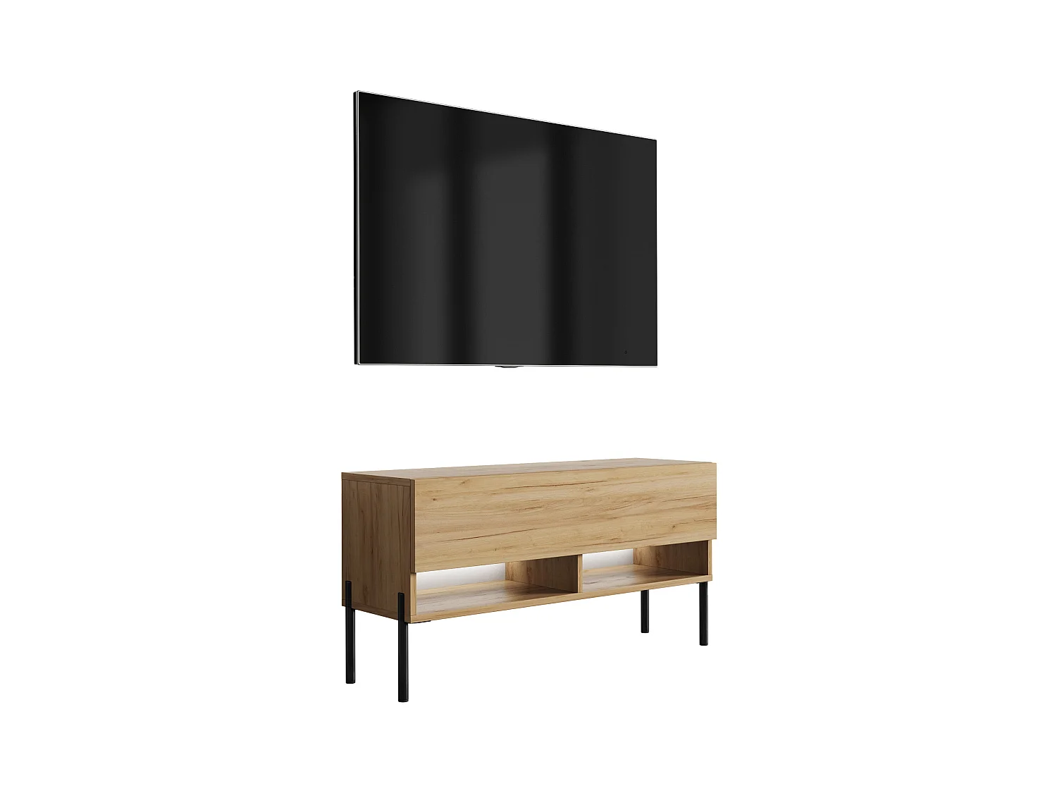 Meuble TV 100 cm Chêne Craft, pieds droits noirs, LED blanche, 100 x 32 x 52 cm