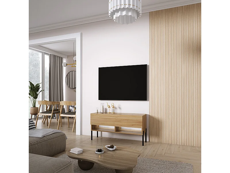 TV-Meubel 100 cm Craft eik, rechte zwarte poten, witte LED, 100 × 32 × 52 cm