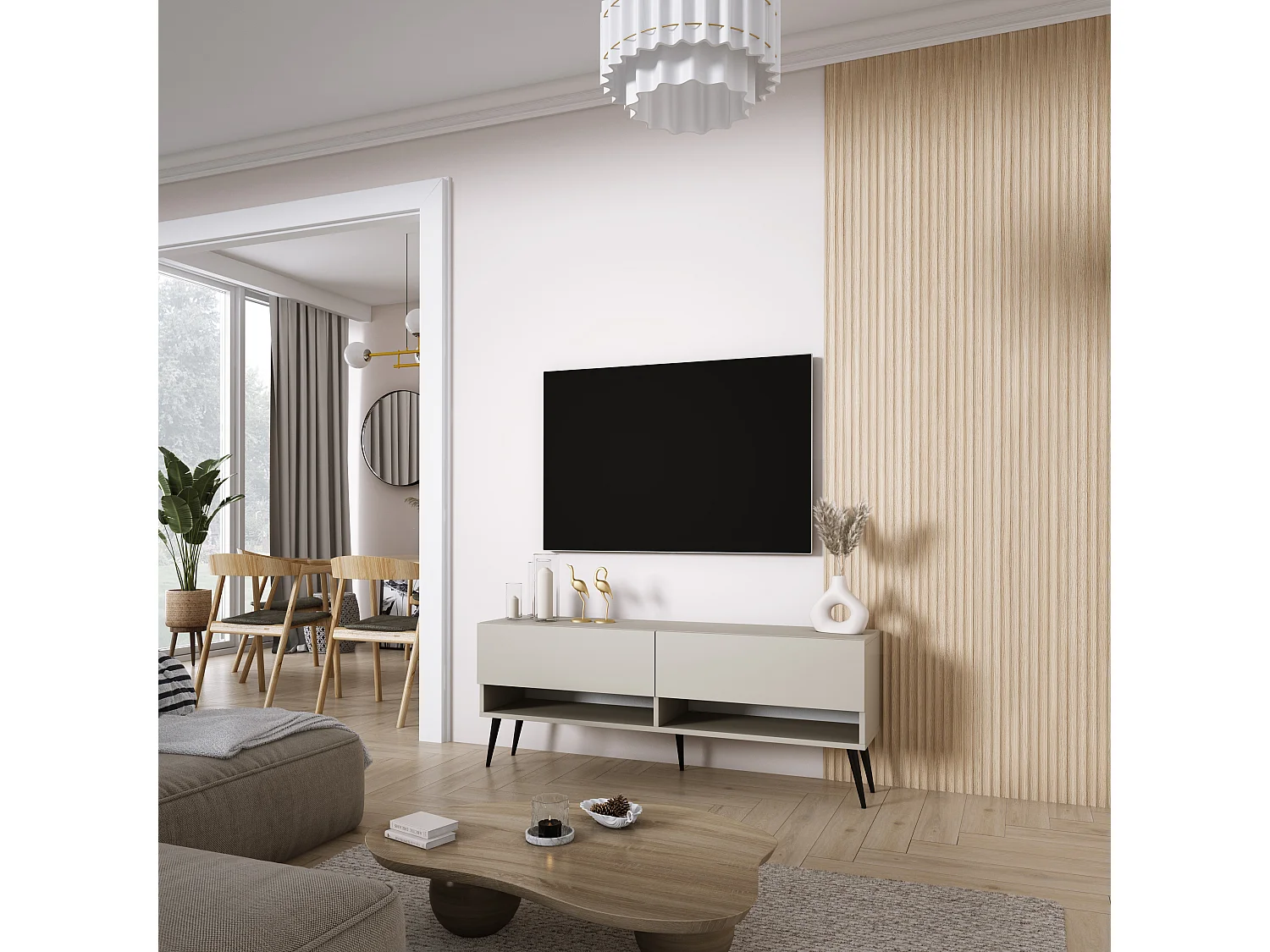 Meuble TV 140 cm Cachemire, pieds obliques noirs, 140 x 32 x 52 cm