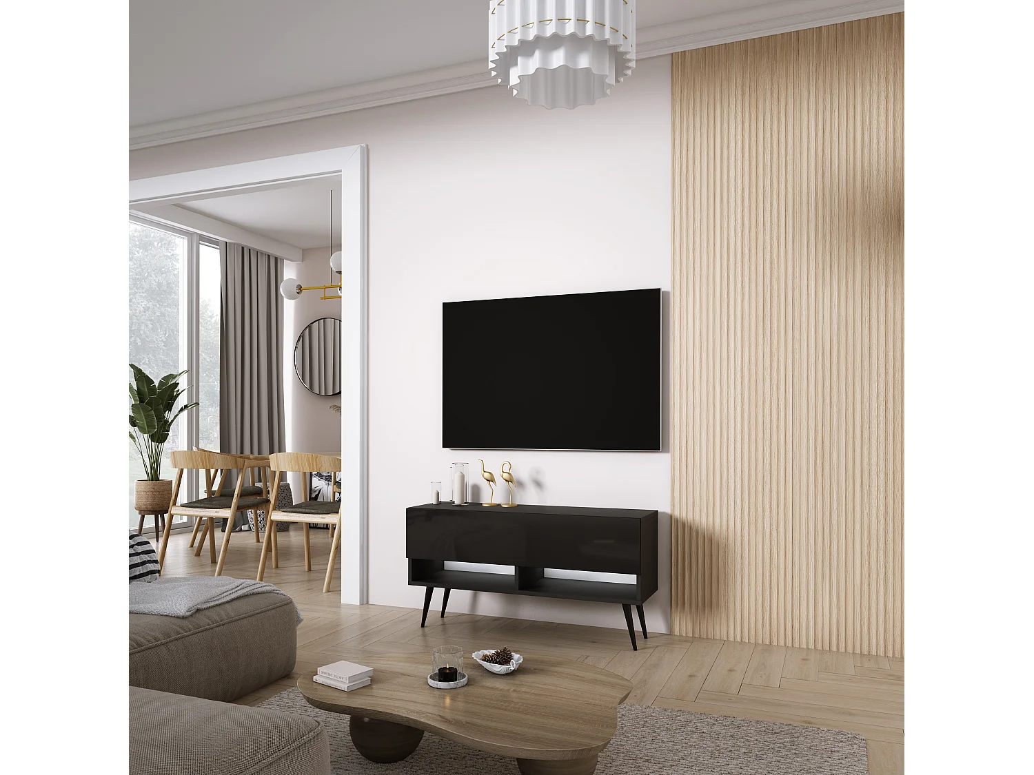 Meuble TV 100 cm Noir Mat / Noir Brillant, pieds obliques noirs, LED blanche, 100 x 32 x 52 cm
