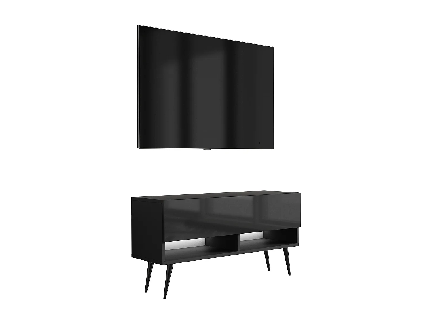 Meuble TV 100 cm Noir Mat / Noir Brillant, pieds obliques noirs, LED blanche, 100 x 32 x 52 cm
