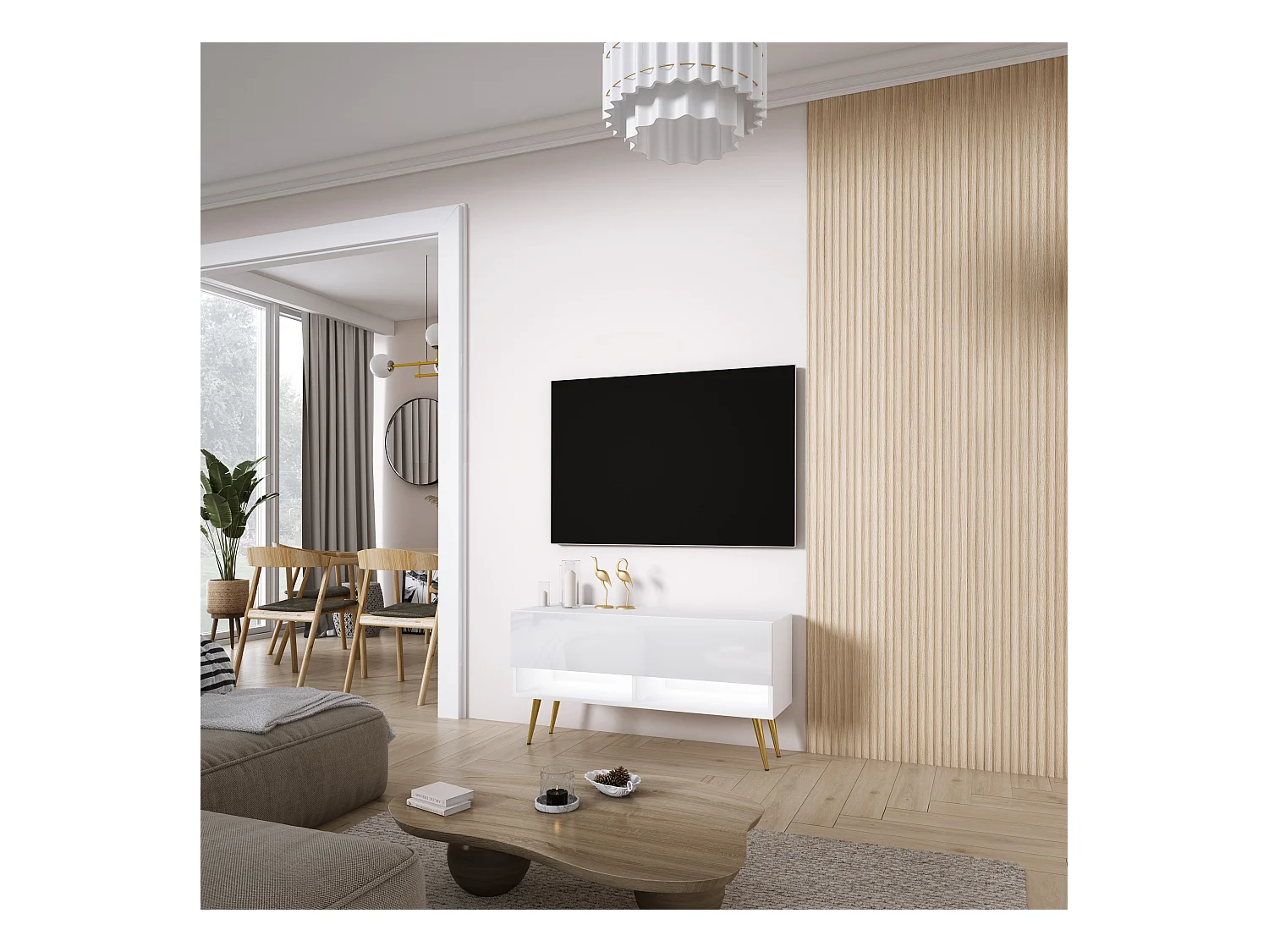 Meuble TV 100 cm Blanc Mat / Blanc Brillant, pieds obliques dorés, LED blanche, 100 x 32 x 52 cm