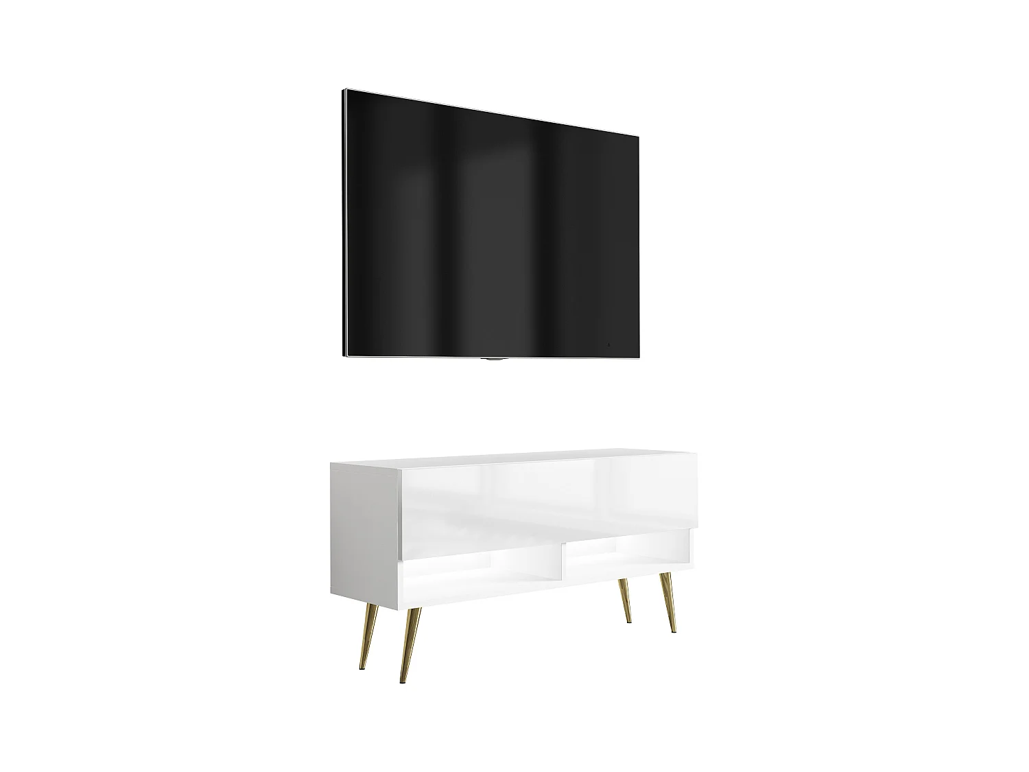 Meuble TV 100 cm Blanc Mat / Blanc Brillant, pieds obliques dorés, LED blanche, 100 x 32 x 52 cm