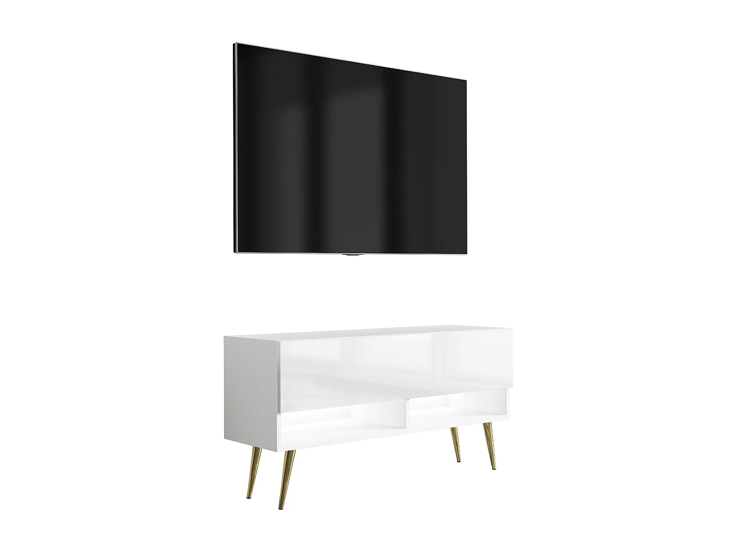 TV-skab: Mat hvid / Blank hvid, guldfarvede skråben, hvid LED, 100 × 32 × 52 cm