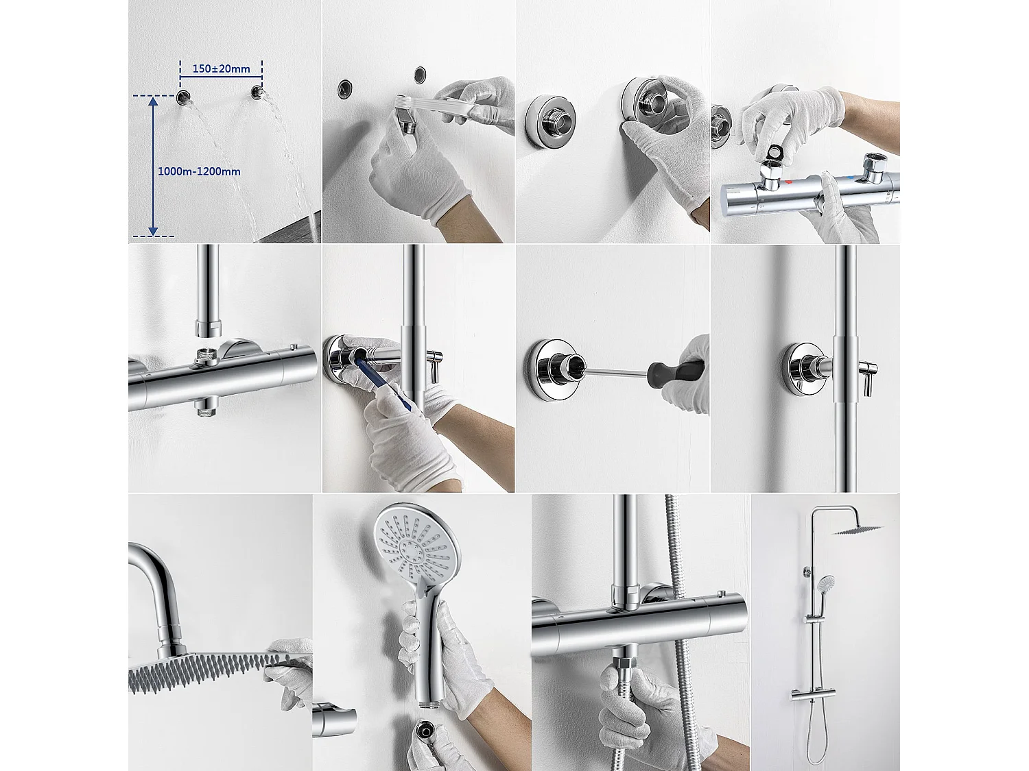 AICA Colonna doccia a ponte con soffione quadrato 20x20cm, sistema doccia con miscelatore, cromato lucido