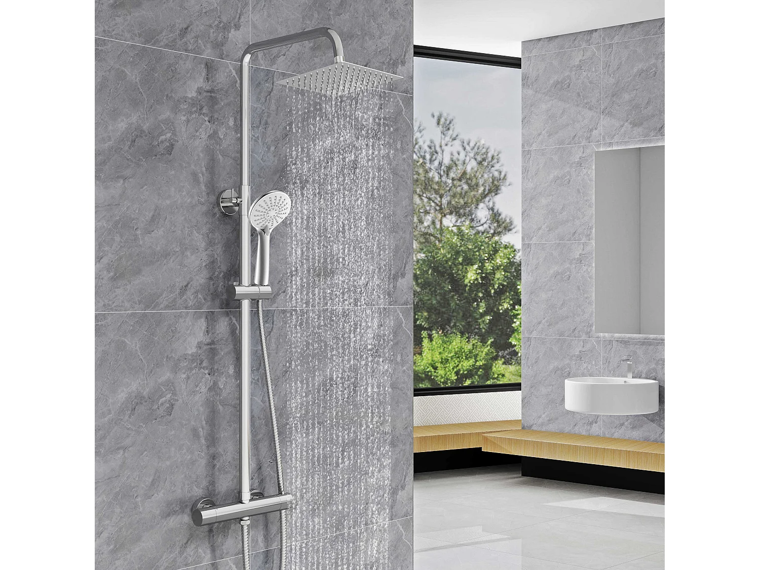 AICA Colonna doccia a ponte con soffione quadrato 20x20cm, sistema doccia con miscelatore, cromato lucido