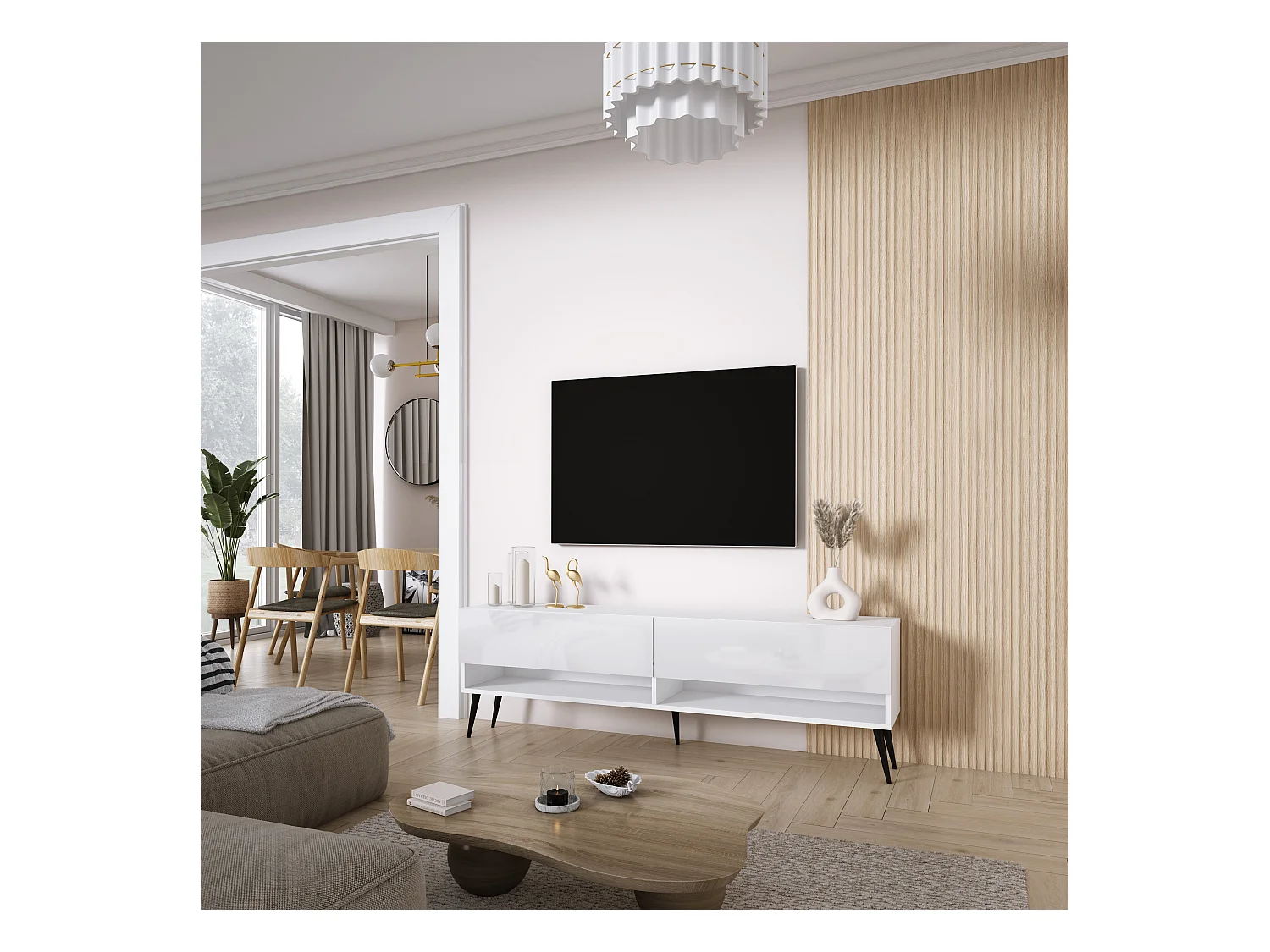 Meuble TV 170 cm Blanc Mat / Blanc Brillant, pieds obliques noirs, 170 x 32 x 52 cm