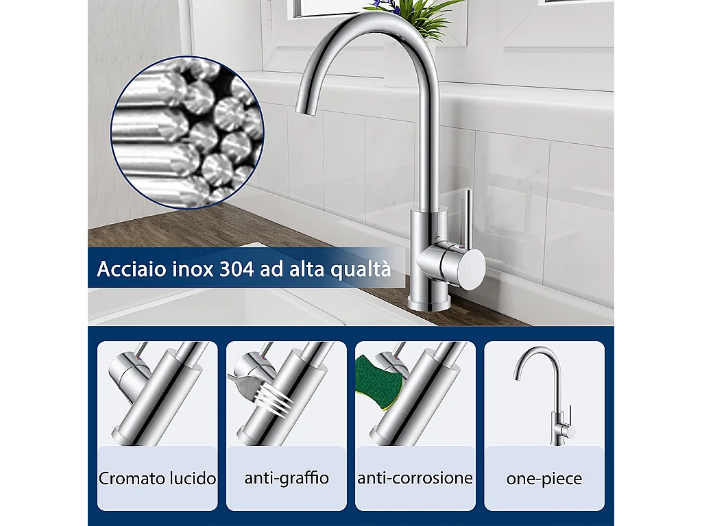 Miscelatore da cucina AICA ITALY collo di cigno argento,cromato