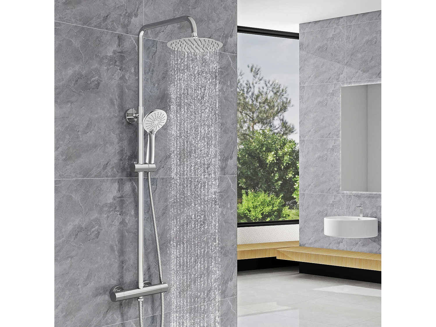 AICA Colonna doccia a ponte con soffione circolare 20x20cm, sistema doccia con miscelatore, cromato lucido