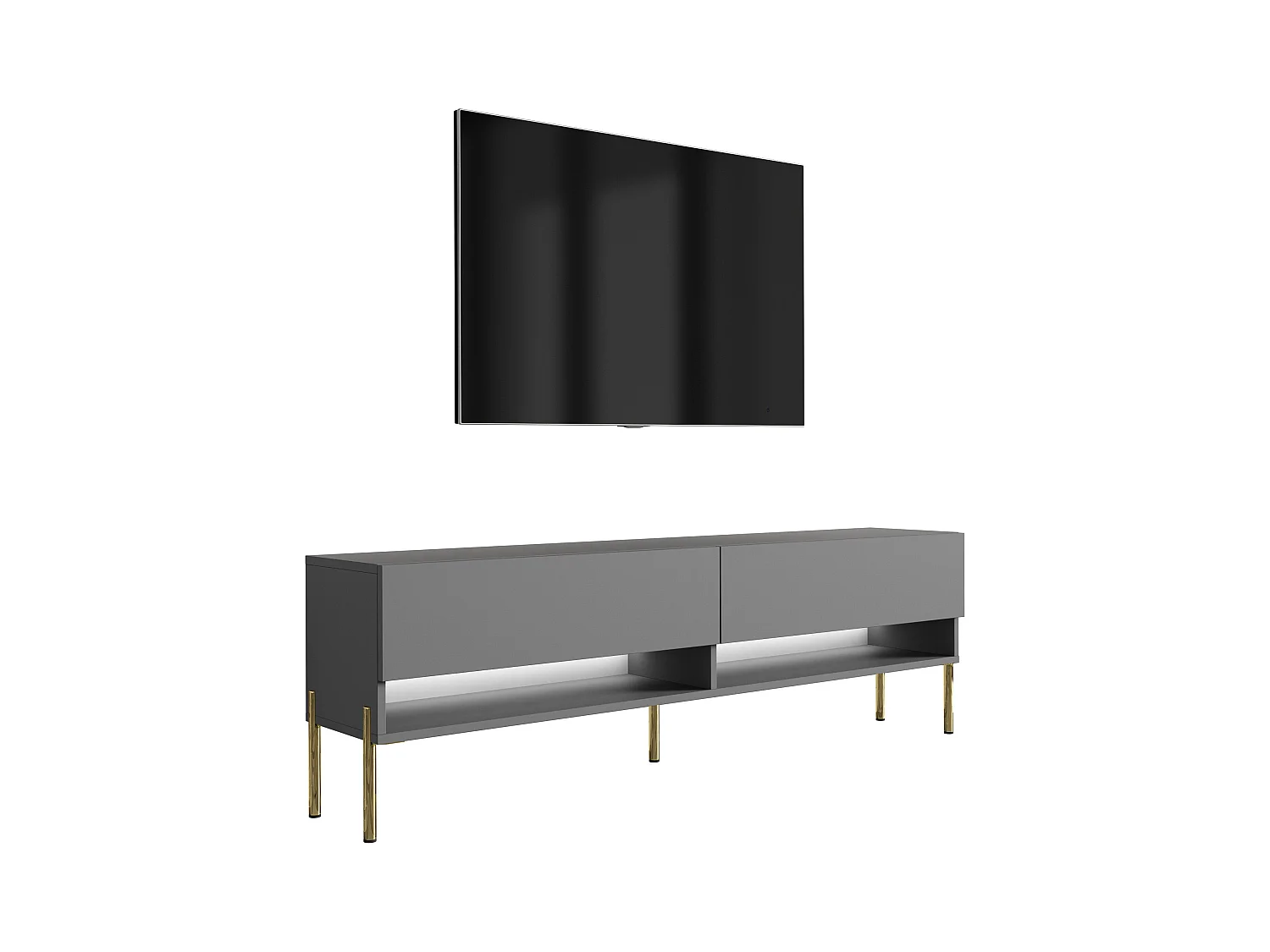 Meuble TV 170 cm Anthracite, pieds droits dorés, LED blanche, 170 x 32 x 52 cm