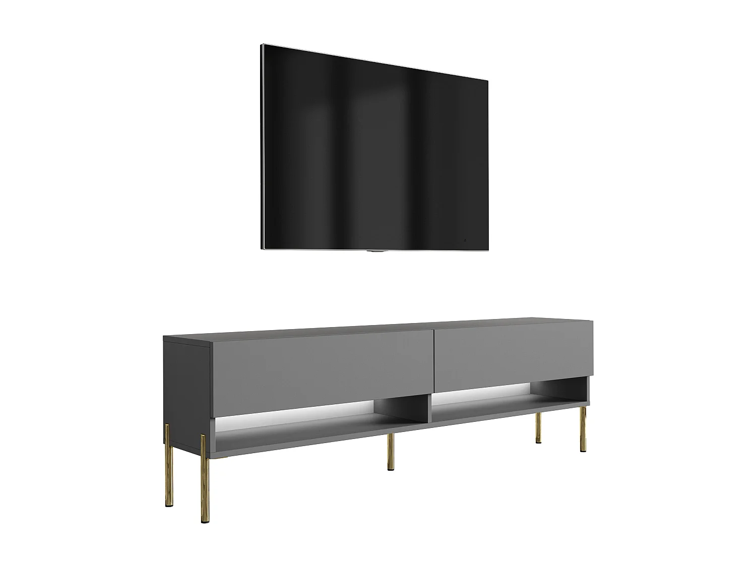 Meuble TV 170 cm Anthracite, pieds droits dorés, LED blanche, 170 x 32 x 52 cm