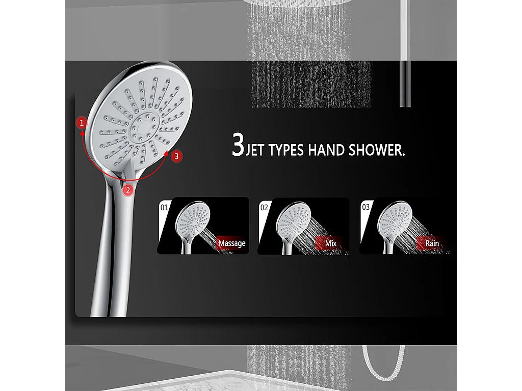 Colonna doccia con miscelatore, kit completo di doccia a pioggia, soffione doccia 20 x20 cm e doccetta 3 getti, asta doccia, cromato