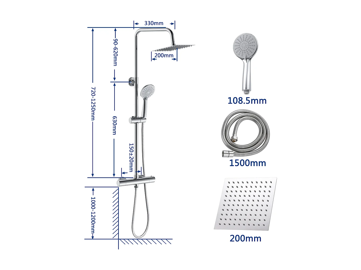 Colonna doccia con miscelatore, kit completo di doccia a pioggia, soffione doccia 20 x20 cm e doccetta 3 getti, asta doccia, cromato