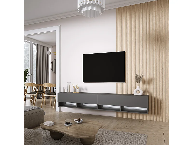 Meuble TV 200 (2 x 100) cm Anthracite, LED blanc, 200 x 32 x 52 cm