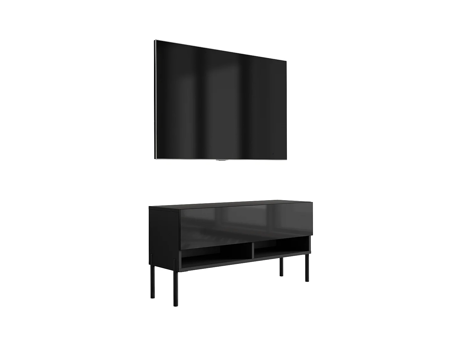 Meuble TV 100 cm Noir Mat / Noir Brillant, pieds droits noirs, 100 x 32 x 52 cm