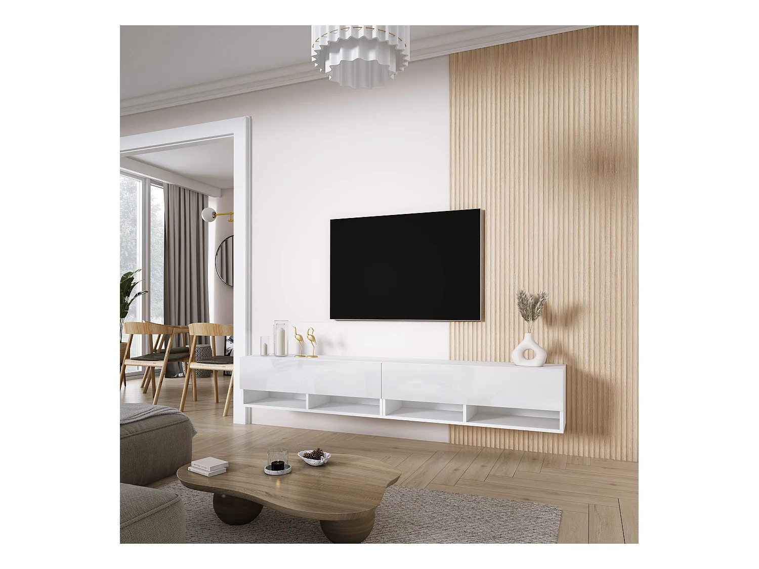 Meuble TV 200 (2 x 100) cm Blanc Mat / Blanc Brillant, 200 x 32 x 52 cm
