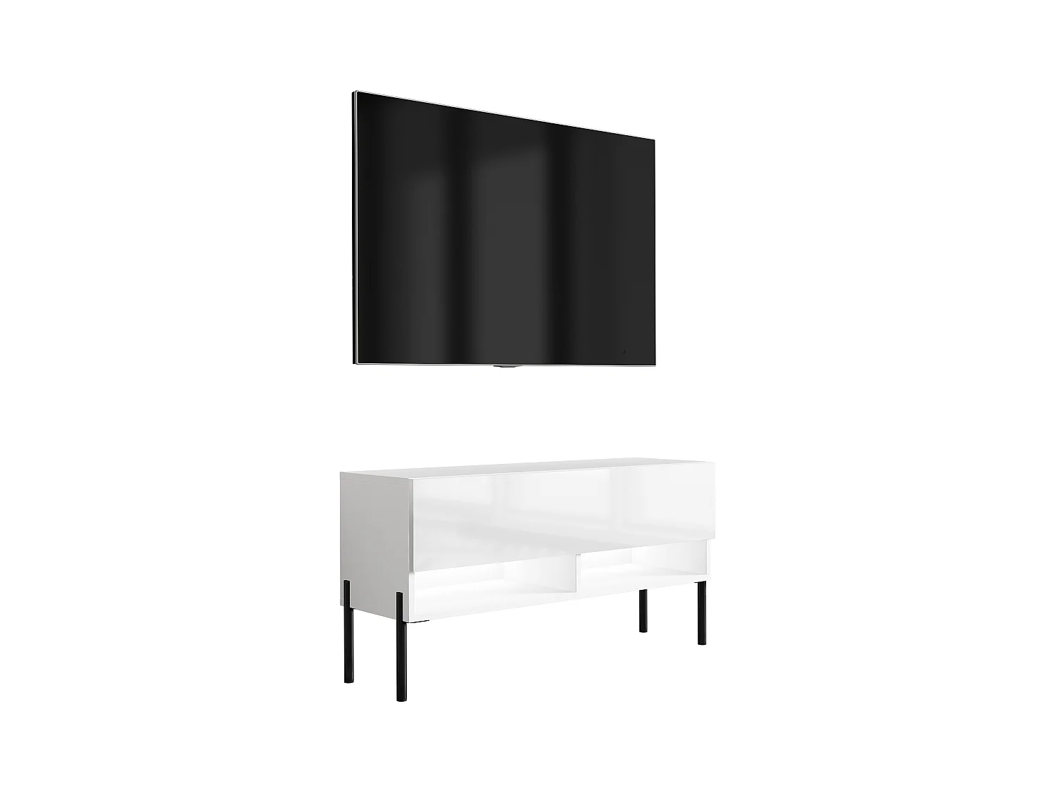 Meuble TV 100 cm Blanc Mat / Blanc Brillant, pieds droits noirs, LED blanche, 100 x 32 x 52 cm