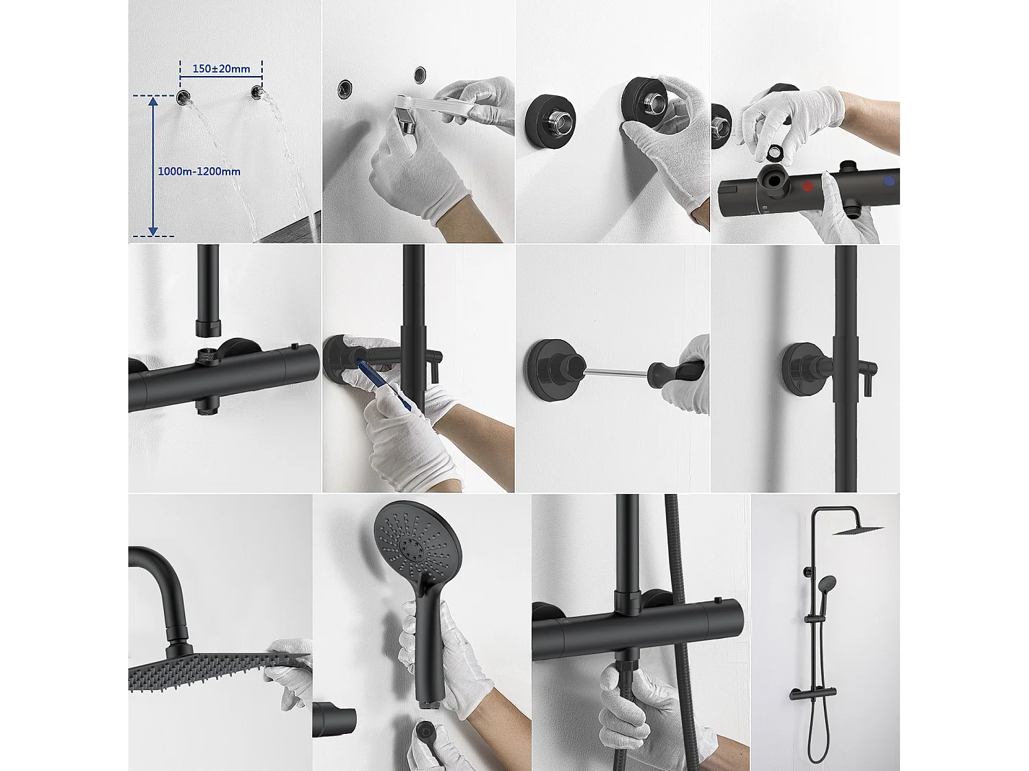 AICA Colonna doccia a ponte con soffione quadrato 20x20cm, sistema doccia con miscelatore, nero opaco