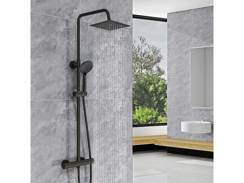 AICA Colonna doccia a ponte con soffione quadrato 20x20cm, sistema doccia con miscelatore, nero opaco